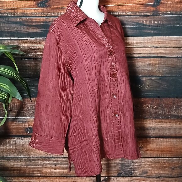 NEW Drapers & Damons Top Blouse 2X Burgundy Wine Crinkle Button Up Cuffed Sleeve - Picture 4 of 10